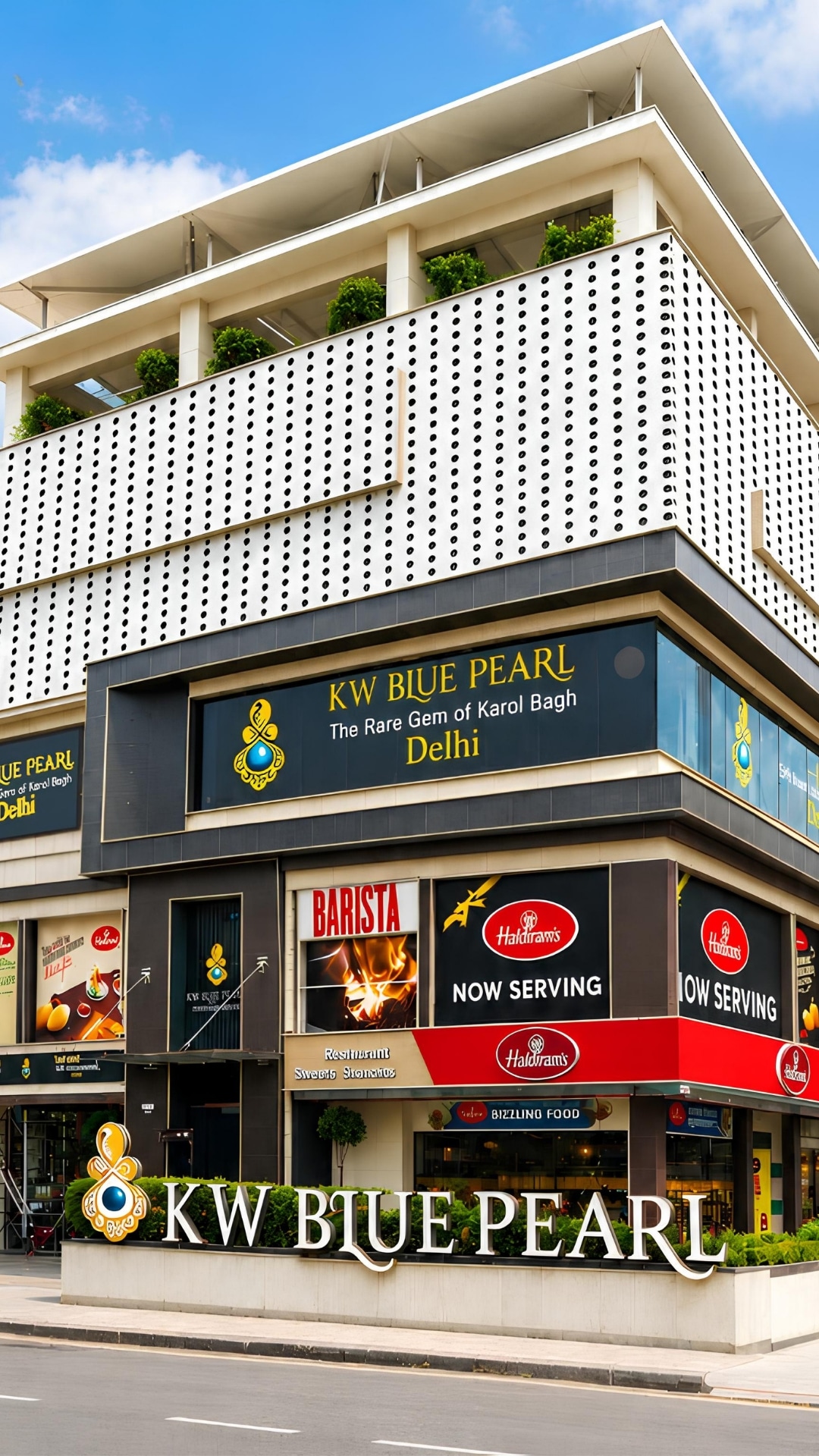 KW Blue Pearl dynamic blue-glass facade on DB Gupta Road, Karol Bagh, New Delhi