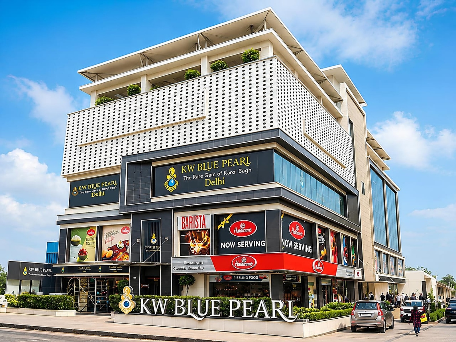 KW Blue Pearl dynamic blue-glass facade on DB Gupta Road, Karol Bagh, New Delhi